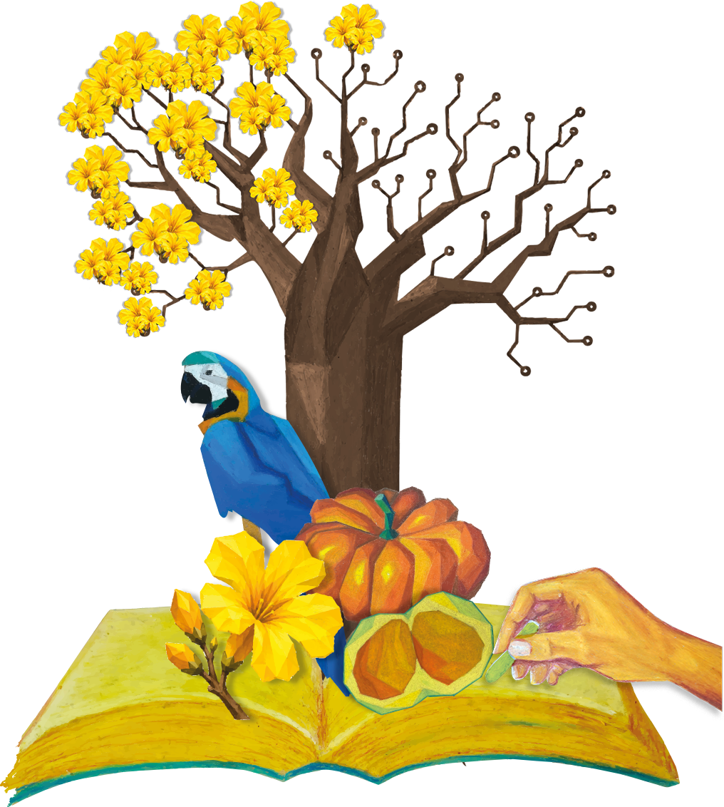 Ilustração de árvore de ipê, arara e livro
